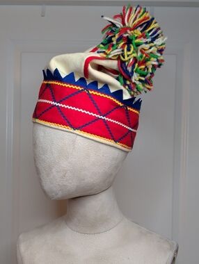 Vintage 60s Handmade Scandnavian Ski Cap Pom-pom Nordic Winter Wool  Sami Style